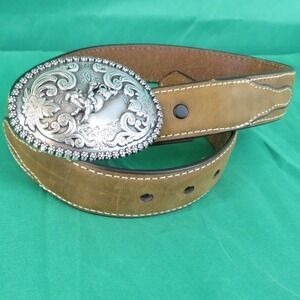 Nocona Womens Brown Leather Western 24" Belt & Silver Bull Rider Buckle N4421844